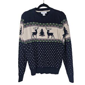 Aspen Reindeer & Tree Pattern Sweater L Navy Christmas Festive Winter Holiday